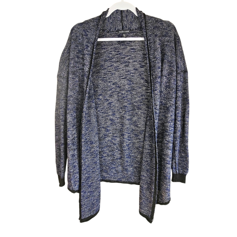Eileen Fisher Women's Linen Blend Blue & Black Open Front Sweater Cardigan